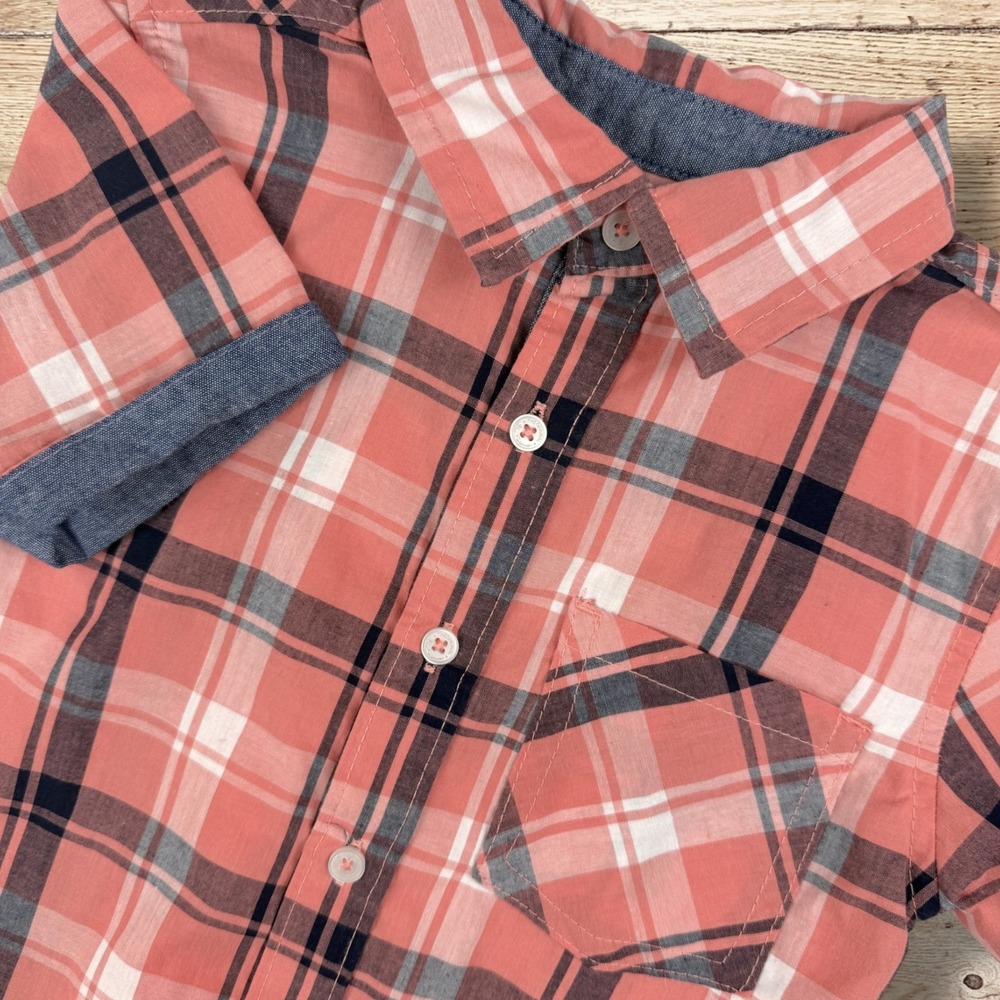 BEN SHERMAN‎ Kids Plaid Short Sleeve Button Up Shirt Size 4 Coral Navy White